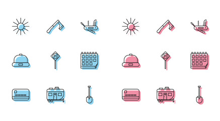 Poster - Set line Credit card, Rv Camping trailer, Sun, Shovel, Parking, Calendar, Beanie hat and Wooden axe icon. Vector