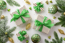 Christmas Decorations Concept. Top View Photo Of Gift Boxes With Ribbon Bows Gold And Green Baubles Pine Cone Ornaments Confetti And Fir Branches In Snow On Isolated White Background