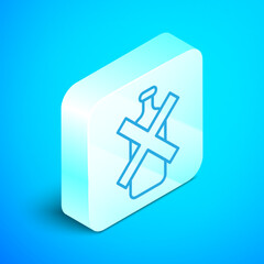 Poster - Isometric line No alcohol icon isolated on blue background. Prohibiting alcohol beverages. Forbidden symbol with beer bottle glass. Silver square button. Vector