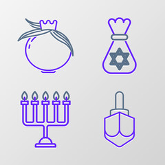 Poster - Set line Hanukkah dreidel, menorah, Jewish money bag with star of david and Pomegranate icon. Vector