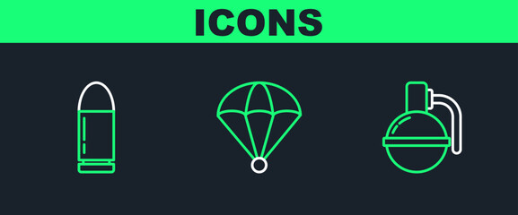 Poster - Set line Hand grenade, Bullet and Parachute icon. Vector