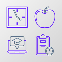 Sticker - Set line Exam sheet with clock, Graduation cap on screen laptop, Apple and Clock icon. Vector