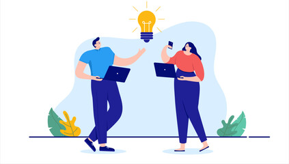 Aufkleber - Great idea - Two business people man and woman working on ideas smiling and being happy with light bulb. Flat design cartoon illustration with white background