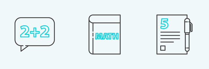 Sticker - Set line Test or exam sheet and pen, Equation solution and Book with word mathematics icon. Vector