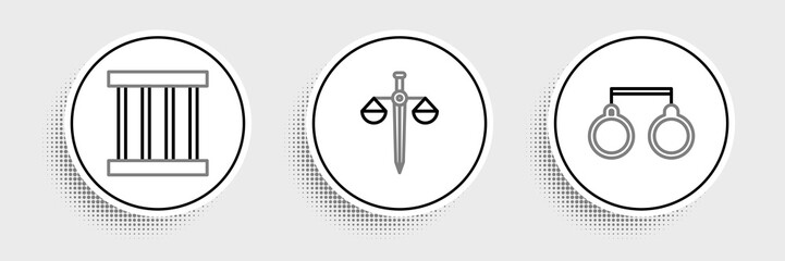 Poster - Set line Handcuffs, Prison window and Scales of justice icon. Vector