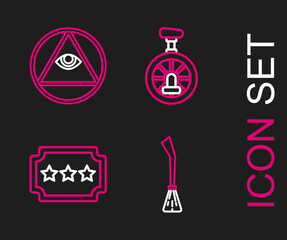 Poster - Set line Witches broom, Ticket, Unicycle or one wheel bicycle and Masons icon. Vector