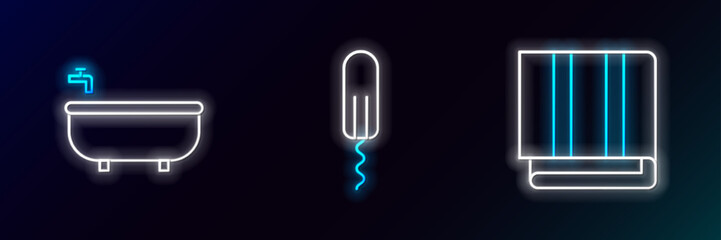 Wall Mural - Set line Towel stack, Bathtub and Sanitary tampon icon. Glowing neon. Vector