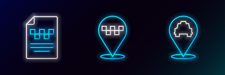 Sticker - Set line Location with taxi, Taxi driver license and icon. Glowing neon. Vector