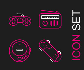 Sticker - Set line Skateboard trick, Music CD player, Radio with antenna and Gamepad icon. Vector