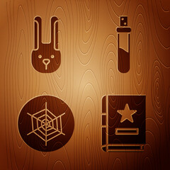 Poster - Set Ancient magic book, Rabbit with ears, Spider web and Bottle with love potion on wooden background. Vector