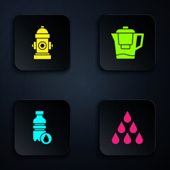 Canvas Print - Set Water drop, Fire hydrant, Bottle of water and jug with filter. Black square button. Vector