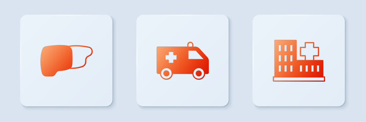 Sticker - Set Ambulance car, Human organ liver and Hospital building. White square button. Vector