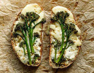 Wall Mural - Grilled sandwiches, toasts with addition of baby broccoli, cheese and pine nuts  on parchment paper, top view