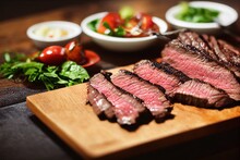 Chopped Medium Rare Flank Steak On Wooden Board. Grilled Red Meat And Fresh Salad. Served Table At Barbeque Restaurant Selective Focus, Shallow Depth Of Field. Beef Steak Dinner Concept