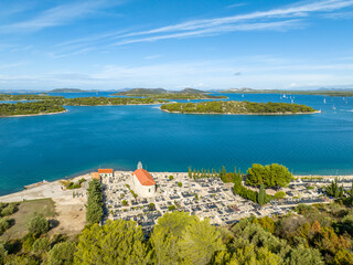 Wall Mural - Croatia - Amazing Murter island and Murter city in the Dalmatian region from drone view at summer time