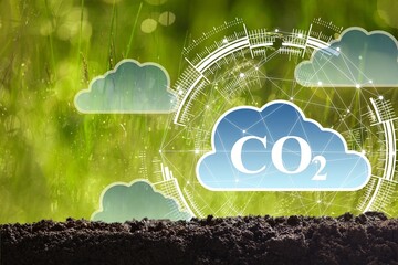 Canvas Print - Text CO2 symbol on soil an green nature background.