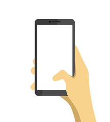 Hand holding smartphone with blank white screen