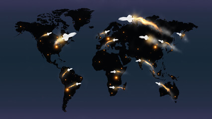 Missiles launched by nations, world war, warhead missile defense, ballistic nuclear rocket launching across countries, radiation chemical weapons, world map with fire smoke and mass destruction