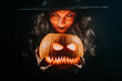 Mysterious black witch with pumpkin as head of jack-o-lantern on dark backdrop. Scary symbol of Halloween, masquerade costume, party decoration. Magic, classic hag