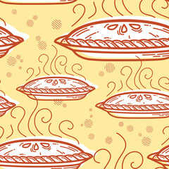 Vector seamless pattern wiht many big outline closed pie. Bakery concept. Food icon. Fresh hot pastries. Sweet fragrant dessert.  Decorative art element for cafe menu design, advertising layout, card.