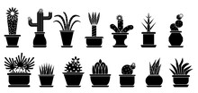 Cactus And Succulent Flat Icon Set. Different Shapes Of Flowering Cacti With Prickles In Flower Pots. Black Glyph Houseplant Collection. Cartoon Home Blooming Aloe Vera Isolated On White