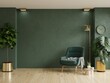 canvas print picture Bright and cozy modern living room interior with green armchair and decoration room on empty dark green wall background.