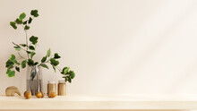 Cream Color Wall Mock Up With Vase And Green Plant On Wooden Shelf.