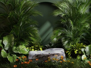 Wall Mural - Stone platform in tropical green forest for product presentation.