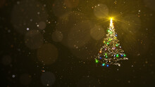 Gold Christmas Magic Tree And Shiny Lights With Copy Space For Holiday Greeting Card.