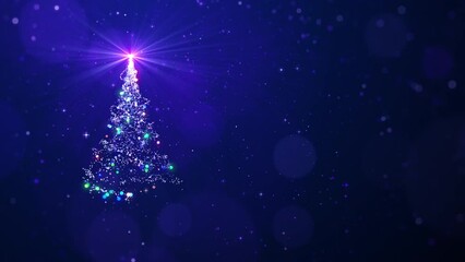 Wall Mural - glowing blue christmas tree and shiny lights with copy space for christmas greeting video background