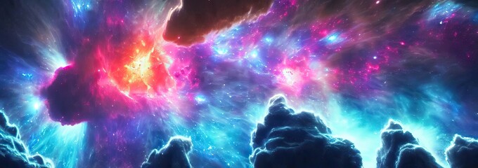 Space nebulae supernova exploding stars and far off galaxies of a Universe made of brilliant bright colors and intergalactic celestia cosmic wonder and magic, banner illustration