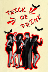 Sticker - Composite collage image of happy young man women dancing have fun witch vampire halloween costumes party trick or drink text promo poster