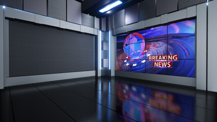 Wall Mural - News Studio, Backdrop For TV Shows .TV On Wall.3D Virtual News Studio Background, 3d illustration