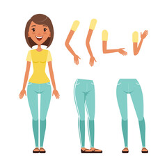 Wall Mural - Full length portrait of smiling girl, legs and arms set. Happy girl character creation, constructor for animation cartoon vector illustration