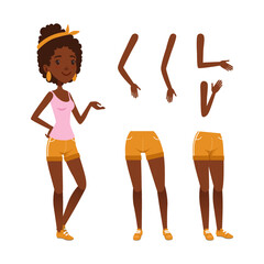 Wall Mural - Full length portrait of smiling african american girl, legs and arms set. Happy girl character creation, constructor for animation cartoon vector illustration