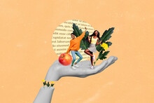 Creative Banner Collage Of Human Hand Holding Two Little Ladies Dancing Around Fruit Apple Leaves