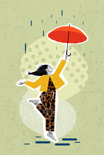 Exclusive Magazine Sketch Image Of Funny Funky Happy Lady Enjoying Walking Rainy Weather Isolated Painting Background
