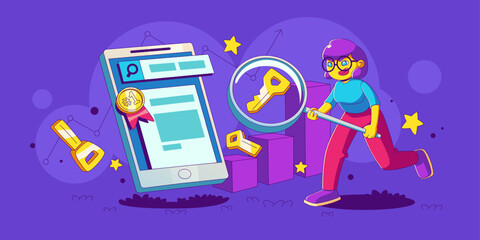 Wall Mural - keyword ranking, seo research concept with woman with magnifier, advertising analytics on mobile pho