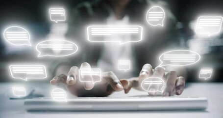 Leinwandbilder - Computer hands, futuristic innovation or 3d hologram software in night office for social media app, contact us or augmented reality. Digital code, ai or PC network for Iot, blockchain or cloud info