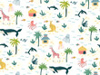 © Anna Ivanir - Seamless vector pattern of an island map with palms, bungalos, wild animals. Perfect for kids designs.
