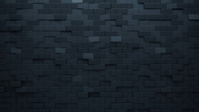 Semigloss, 3D Mosaic Tiles Arranged In The Shape Of A Wall. Rectangular, Futuristic, Blocks Stacked To Create A Black Block Background. 3D Render