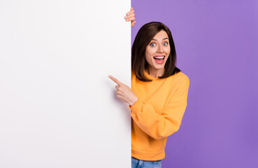 Wall Mural - photo of overjoyed lady stylish sweater arm direct board empty space autumn black friday coming isol