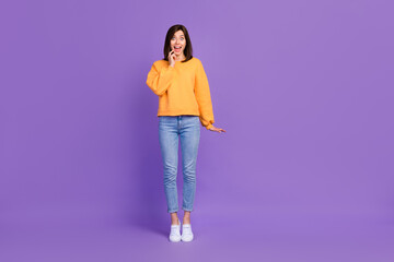 Poster - Full length photo of astonished cheerful lady stylish pullover impressed open mouth empty space isolated on purple color background