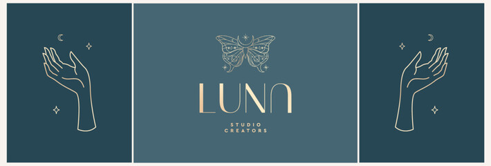 Set of logo design templates in trendy linear style in gold tones. Dawn with flowers - luxury and jewelry concepts for exclusive services and products, beauty and spa industry