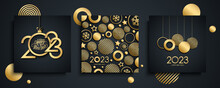 2023 Happy New Year Luxury Greeting Cards Set. New Year Holiday Greetings Templates Collection With Hand Drawn Lettering And Golden Christmas Balls. Black And Gold. Vector Illustration.