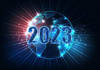 Wall Mural - Abstract 2023 happy New Year to the world concept banner with globe map in futuristic glowing style 