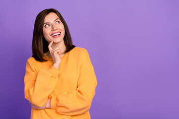 Poster - Close up photo of cheerful lovely lady dressed stylish pullover hand touch face look empty space isolated on purple color background