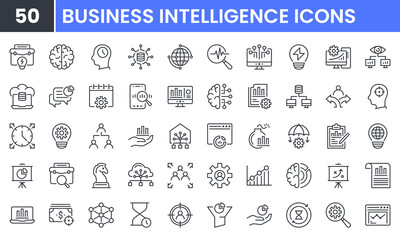 Business Intelligence vector line icon set. Contains linear outline icons like Data Visualization, Data Management and Analysis, Analytic Service, Risk Management, Strategy. Editable use and stroke.