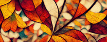 Autumn Leaves In A Background Pattern. Natural Various Colour Leaves In The Fall, Seasonal Golden Patterns And Textures Of October. Bright Leaf Ornament In A Closeup Of Nature Foliage.