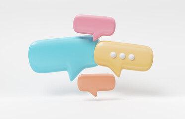 Wall Mural - Minimalist colorful speech bubbles talk icons floating over white background. Modern conversation or social media messages with shadow. 3D rendering